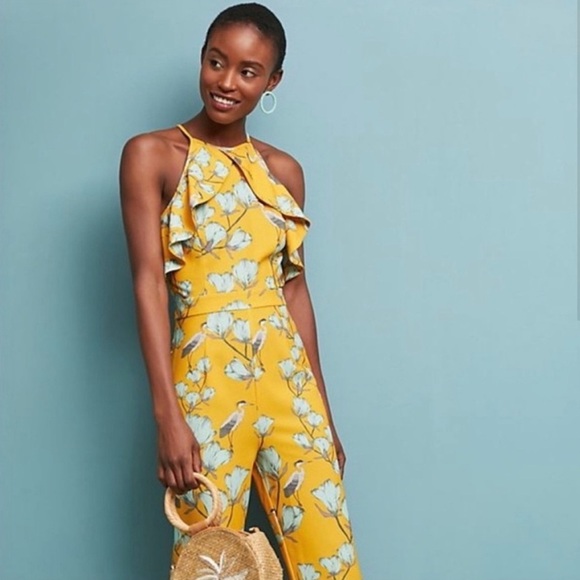 ANTHROPOLOGIE l Crane Floral Print Ruffle Flare Jump Suite Varun Bahl Warbler 10 - Picture 3 of 12